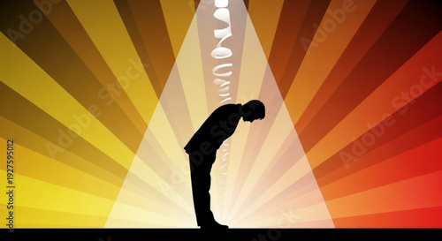 Silhouette of a man bowing in prayer with spotlight shining down on him from above with rays of light on a colorful background