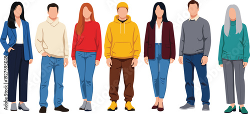 Diverse group of stylish men and women standing in casual blazers, hoodies, sweaters, jeans and colorful tops vector illustration