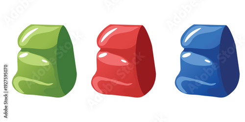 Set of garden bags with soil, compost or fertilizer. Colorful plastic sacks with potting substrate for gardening and agriculture isolated on white background.