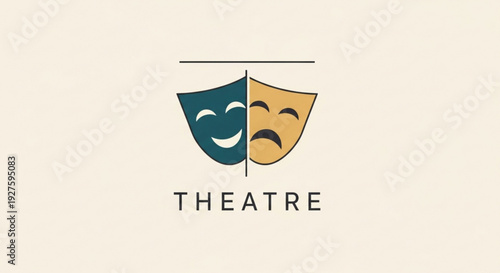 Theatre masks logo with smiling and frowning faces on beige background symbolizing comedy and tragedy