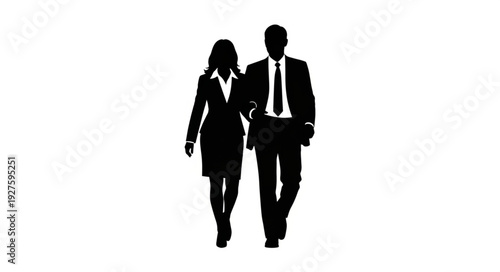 Business couple walking together silhouette.