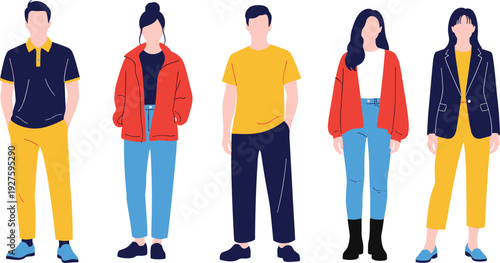 Diverse group of stylish men and women in colorful casual outfits, flat vector fashion illustration, modern streetwear characters lineup