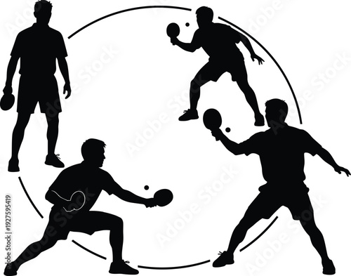 Table tennis player silhouettes showing dynamic forehand and backhand motion cycle with paddle action training concept vector illustration isolated on white background