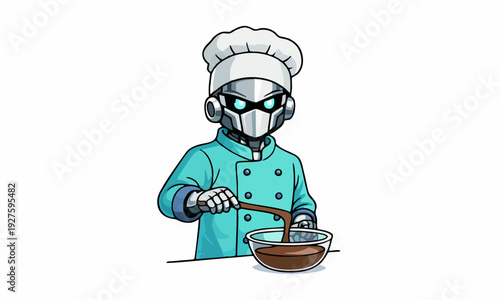 Robot chef stirring chocolate mix cartoon illustration
