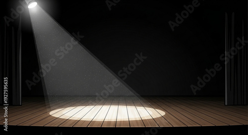 Spotlight shines down on empty wooden stage with dark background and open curtains