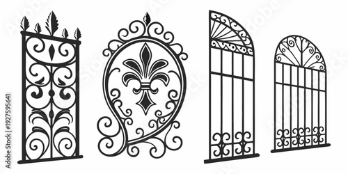 A collection of various wrought iron gate designs with intricate patterns and details Vector