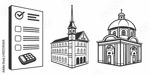 A collection of architectural drawings and structures including a church and a building Vector