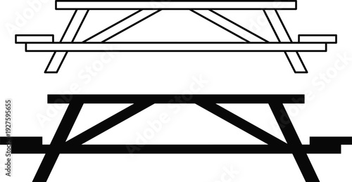 Picnic table outline and silhouette icon set isolated on white background, outdoor furniture vector illustration for park, camping and backyard design projects