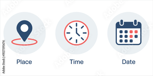Icons For Place Time And Date With Labels On White Background location map pin