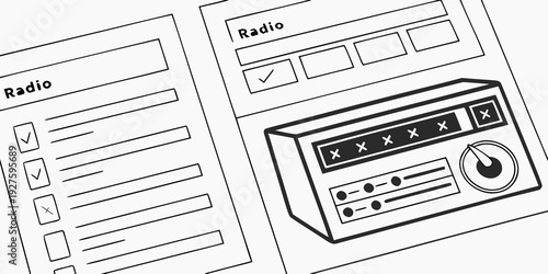 A vintage stereo system with a record player and radio on a wooden surface next to a window. Vector