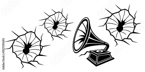 A vintage record player surrounded by flying vinyl records in a whimsical scene. Vector