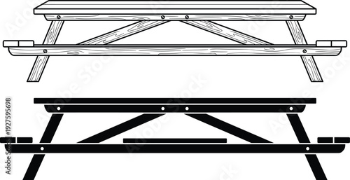 Wooden picnic table line art and silhouette set isolated on white background, outdoor furniture illustration for park, camping and backyard design projects