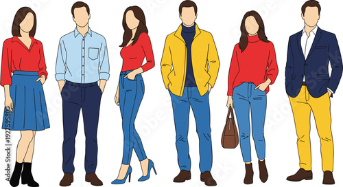 Diverse group of stylish people in colorful casual outfits jackets sweaters skirts trousers hats bags vector illustration isolated white background.