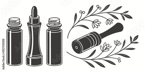 A collection of vintage perfume bottles and floral arrangements on a table. Vector