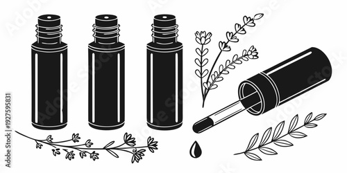 Three bottles of essential oils with a dropper and herbs on a white background Vector