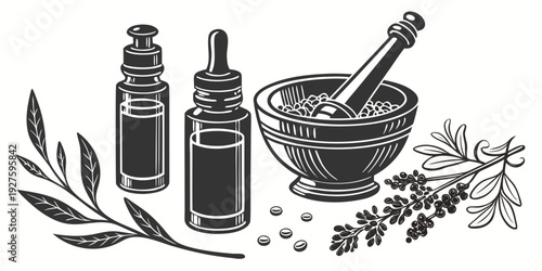 A variety of herbs and spices being ground with a mortar and pestle Vector