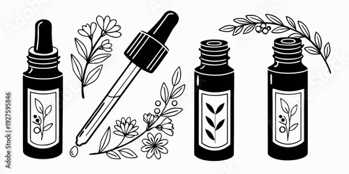 Illustration of various essential oils and their application methods. Vector