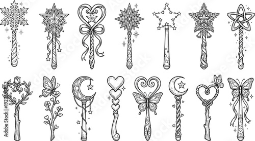 Collection of decorative magic wands with moon star heart and butterfly motifs in line art style for fantasy coloring books