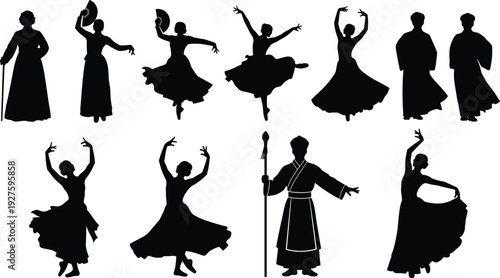 Traditional dance silhouettes collection of male and female folk dancers in elegant poses vector illustration set for cultural performance design projects isolated