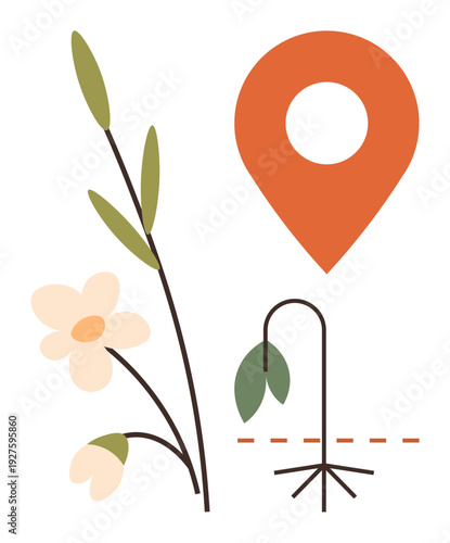 Environmental issues, climate change, sustainability, ecology, location tracking, declining nature. A withering flower alongside a blooming one and a location pin. Environmental issues and climate