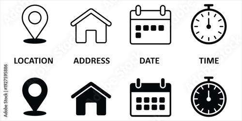 Location Address Date Time Icons With Text Labels In Black And White location icon address icon