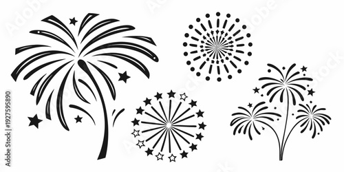 A delightful illustration of various fireworks and dandelions in a whimsical style Vector