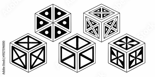 Five geometric shapes with intricate internal patterns and lines Vector