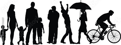 Black silhouettes of people walking and riding bicycle