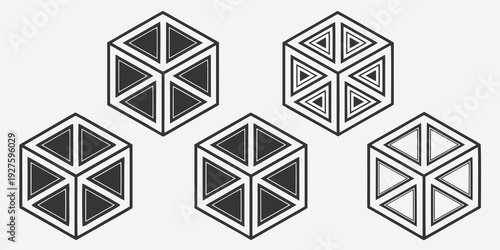 A collection of four geometric shapes featuring hexagons with internal lines Vector