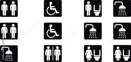 Black and white icons for public restrooms and showers on white background Keywords: restroom, toilet, shower, bathroom, icon