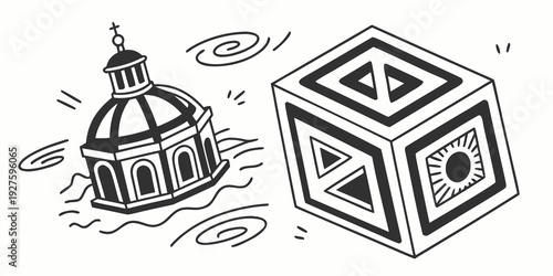 A whimsical illustration of a house and a cube in a surreal landscape. Vector