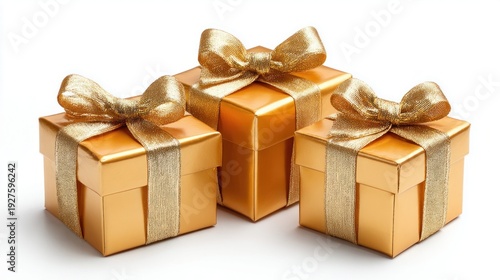 Three luxurious golden gift boxes with shiny ribbons and bows on a white background