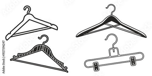 A collection of various types of hangers for different clothing items Vector