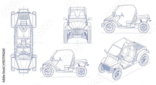 Quadricycle AutoCAD Blueprint Vector – Multi-View Lightweight Vehicle Technical Drawing