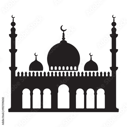 Classic Ramadan mosque silhouette with shining crescent moon and scattered stars