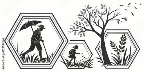 A whimsical illustration of a bear with an umbrella and a tree in a hexagonal frame Vector