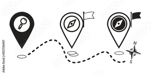 A visual representation of a journey with three key locations marked on a map. Vector