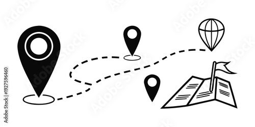 A scenic journey depicted with a map, hot air balloon, and a destination marker. Vector