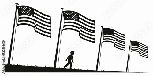 A person walking past a row of flags on flagpoles in a field. Vector
