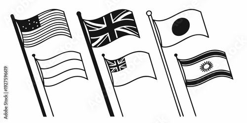 Flags of various countries waving in the wind on flagpoles Vector
