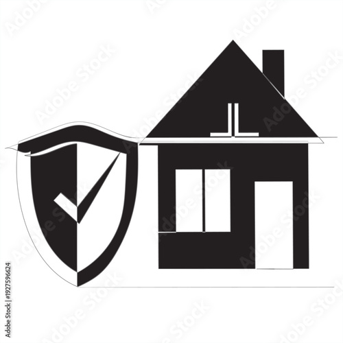 continuous line drawing house with shield protection icon