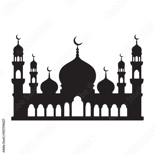 Premium Islamic mosque skyline silhouette with crescent moon Ramadan celebration design