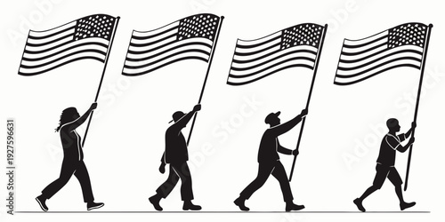 Four individuals marching in a line carrying large flags, symbolizing unity and patriotism Vector