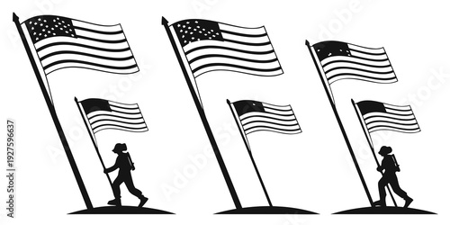 A person walking past three flags on flagpoles with the wind blowing them to the right. Vector