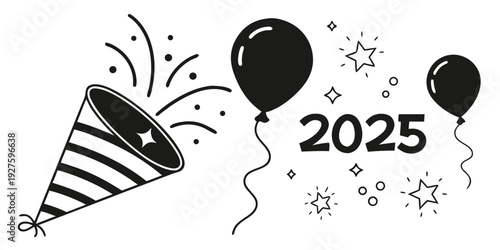 Celebratory scene with confetti, balloons, and the year 2025 for a festive occasion Vector