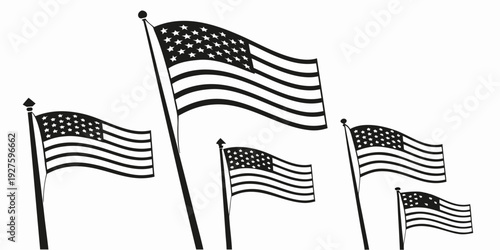 Five american flags waving on poles against a white background Vector