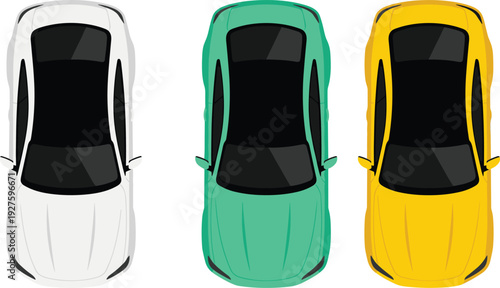 Colored car top view illustration set featuring white green and yellow modern sedans isolated on white background for transport automotive design concepts