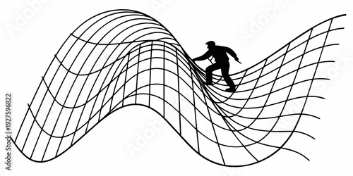 A person navigating through a complex network of interconnected lines and curves. Vector
