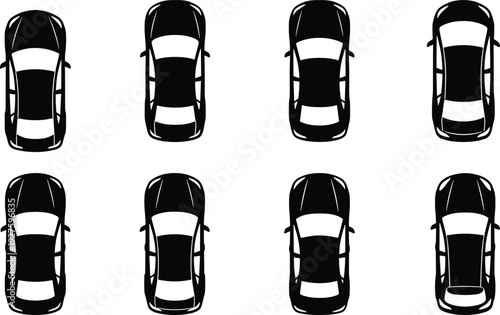 Car top view silhouettes collection featuring black automobile icons set isolated on white background for transport, traffic planning and automotive design projects