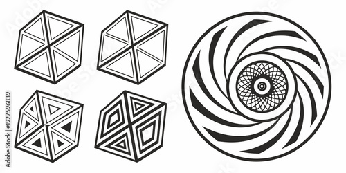 An artistic representation of geometric shapes and patterns in black and white Vector